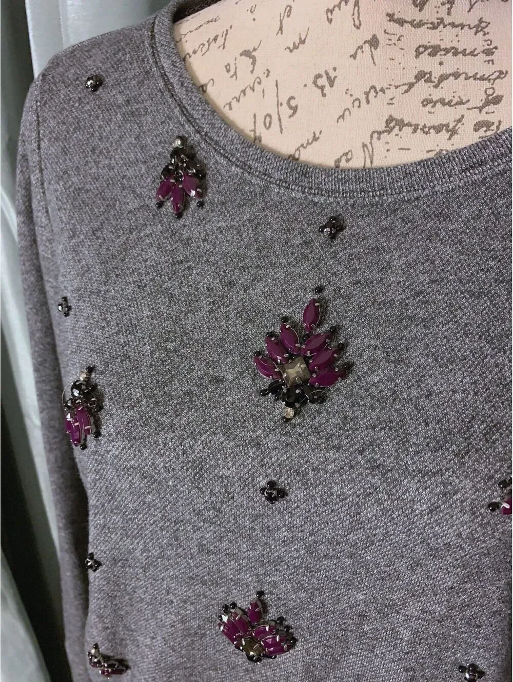 LOFT Gray Embellished Long Sleeve Sweater